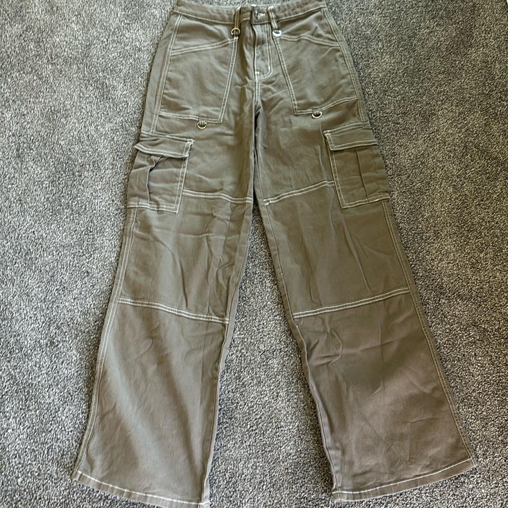 cargo pants brown with a lighter brownish white lining out the sewing.